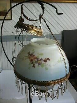 Glass Brass Victorian Hanging Oil Lamp w floral shade Converted to Electric