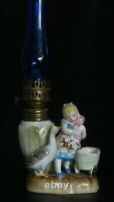 Goose, Girl & Doll Antique Victorian Miniature Figural Miniature Oil Lamp MINT