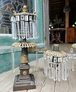 Great 3 Piece Bronze Argand Oil Lamp Set W Eagles- Prisms