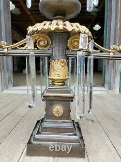 Great 3 Piece Bronze Argand Oil Lamp Set W Eagles- Prisms