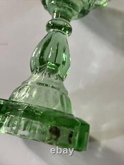 Green Depression Glass Oil Lamp 9 Tall Footed Base Pair Vintage