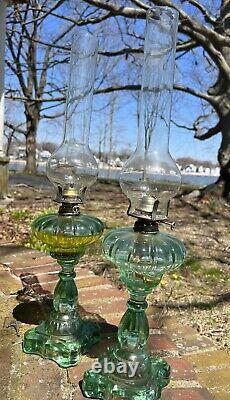 Green Depression Glass Oil Lamp Pair with Chimney EUC