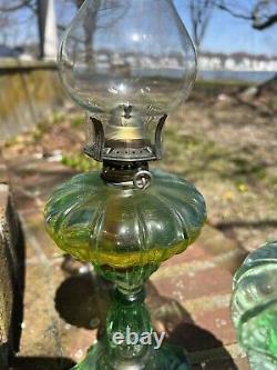 Green Depression Glass Oil Lamp Pair with Chimney EUC