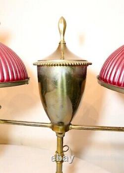 HUGE antique brass red case glass converted oil electric student desk table lamp