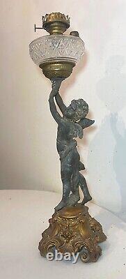 HUGE antique ornate 1800's figural angel cherub oil lamp glass font gilded metal