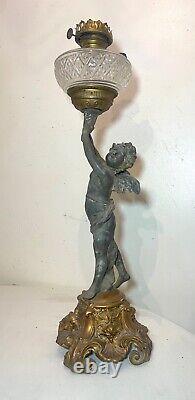 HUGE antique ornate 1800's figural angel cherub oil lamp glass font gilded metal