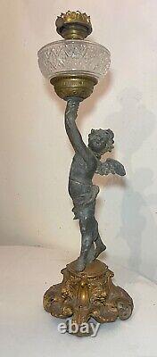 HUGE antique ornate 1800's figural angel cherub oil lamp glass font gilded metal