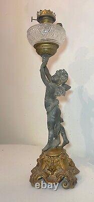 HUGE antique ornate 1800's figural angel cherub oil lamp glass font gilded metal