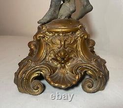 HUGE antique ornate 1800's figural angel cherub oil lamp glass font gilded metal