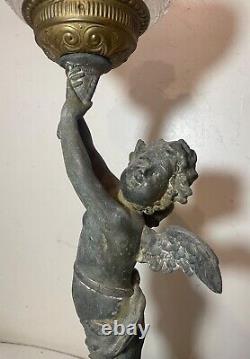 HUGE antique ornate 1800's figural angel cherub oil lamp glass font gilded metal