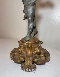 HUGE antique ornate 1800's figural angel cherub oil lamp glass font gilded metal