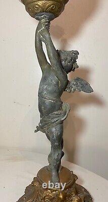 HUGE antique ornate 1800's figural angel cherub oil lamp glass font gilded metal