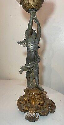 HUGE antique ornate 1800's figural angel cherub oil lamp glass font gilded metal