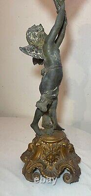 HUGE antique ornate 1800's figural angel cherub oil lamp glass font gilded metal