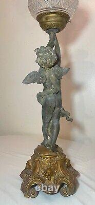 HUGE antique ornate 1800's figural angel cherub oil lamp glass font gilded metal