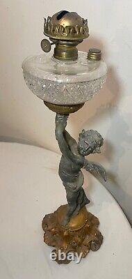 HUGE antique ornate 1800's figural angel cherub oil lamp glass font gilded metal