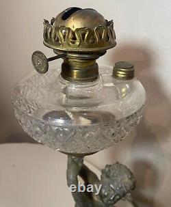 HUGE antique ornate 1800's figural angel cherub oil lamp glass font gilded metal