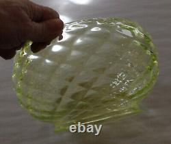 Hand Blown Antique Vaseline Glass Quilted Optic Globe Lamp Shade Glows