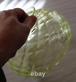 Hand Blown Antique Vaseline Glass Quilted Optic Globe Lamp Shade Glows