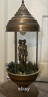 Hanging Oil Rain Lamp With The Rare 3 Gold Goddess Statue, large, vintage, works