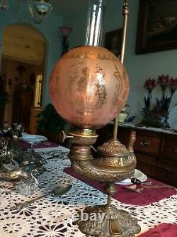 Harvard Bronze Antique Oil OWL Lamp-Extraordinary Etched Victorian Shade