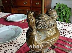 Harvard Bronze Antique Oil OWL Lamp-Extraordinary Etched Victorian Shade