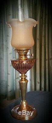Hinks Duplex No 2 Arts + Crafts brass + copper oil lamp, with shade and chimney