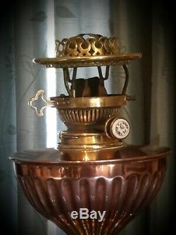 Hinks Duplex No 2 Arts + Crafts brass + copper oil lamp, with shade and chimney