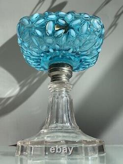 Hobbs Blue Snowflake Opalescent Oil Lamp 1880's