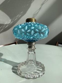 Hobbs Blue Snowflake Opalescent Oil Lamp 1880's