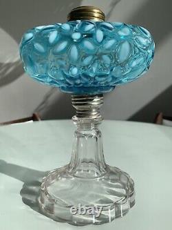 Hobbs Blue Snowflake Opalescent Oil Lamp 1880's