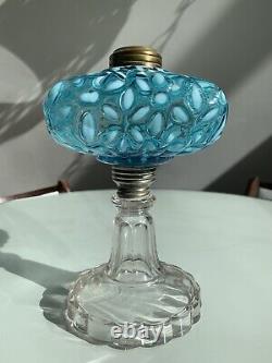 Hobbs Blue Snowflake Opalescent Oil Lamp 1880's