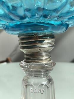 Hobbs Blue Snowflake Opalescent Oil Lamp 1880's