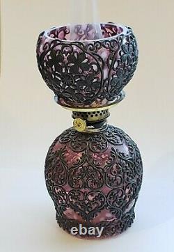 Hobbs Filigree Cranberry Snowflake Antique Art Glass Miniature Oil Lamp
