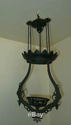 Hubbard & Bradley Hanging Kerosene Oil Lamp Holder Cast Iron Victorian Antique