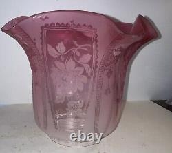 Huge ANTIQUE VERITAS VICTORIAN CRANBERRY ACID ETCHED Cameo 4 Fit OIL LAMP SHADE