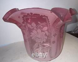 Huge ANTIQUE VERITAS VICTORIAN CRANBERRY ACID ETCHED Cameo 4 Fit OIL LAMP SHADE