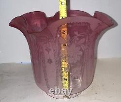 Huge ANTIQUE VERITAS VICTORIAN CRANBERRY ACID ETCHED Cameo 4 Fit OIL LAMP SHADE