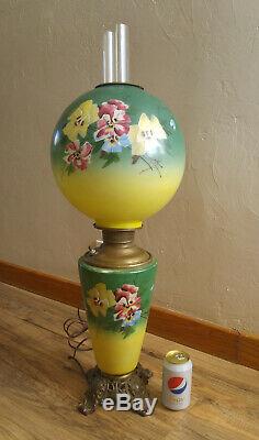 Huge Antique Miller Gone With The Wind Oil Lamp Painted Pansies Electrified