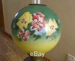 Huge Antique Miller Gone With The Wind Oil Lamp Painted Pansies Electrified