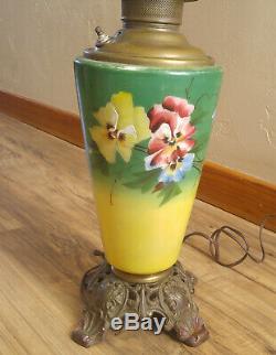 Huge Antique Miller Gone With The Wind Oil Lamp Painted Pansies Electrified