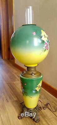 Huge Antique Miller Gone With The Wind Oil Lamp Painted Pansies Electrified