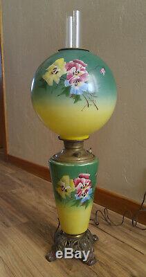 Huge Antique Miller Gone With The Wind Oil Lamp Painted Pansies Electrified