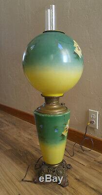 Huge Antique Miller Gone With The Wind Oil Lamp Painted Pansies Electrified