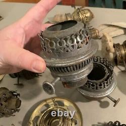 Huge Lot Of Vintage Antique Oil Lamp Parts Burners