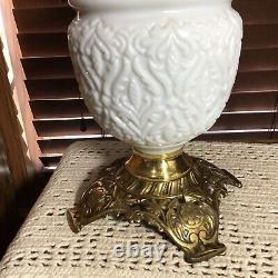 Impressive Antique 1890's White 26 1/2 Brass Oil Lamp With Wick & Shade