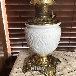 Impressive Antique 1890's White 26 1/2 Brass Oil Lamp With Wick & Shade
