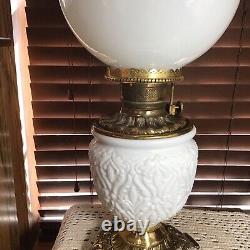 Impressive Antique 1890's White 26 1/2 Brass Oil Lamp With Wick & Shade