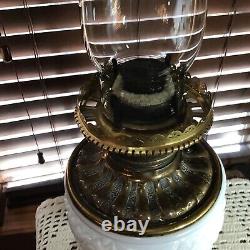 Impressive Antique 1890's White 26 1/2 Brass Oil Lamp With Wick & Shade
