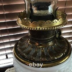 Impressive Antique 1890's White 26 1/2 Brass Oil Lamp With Wick & Shade